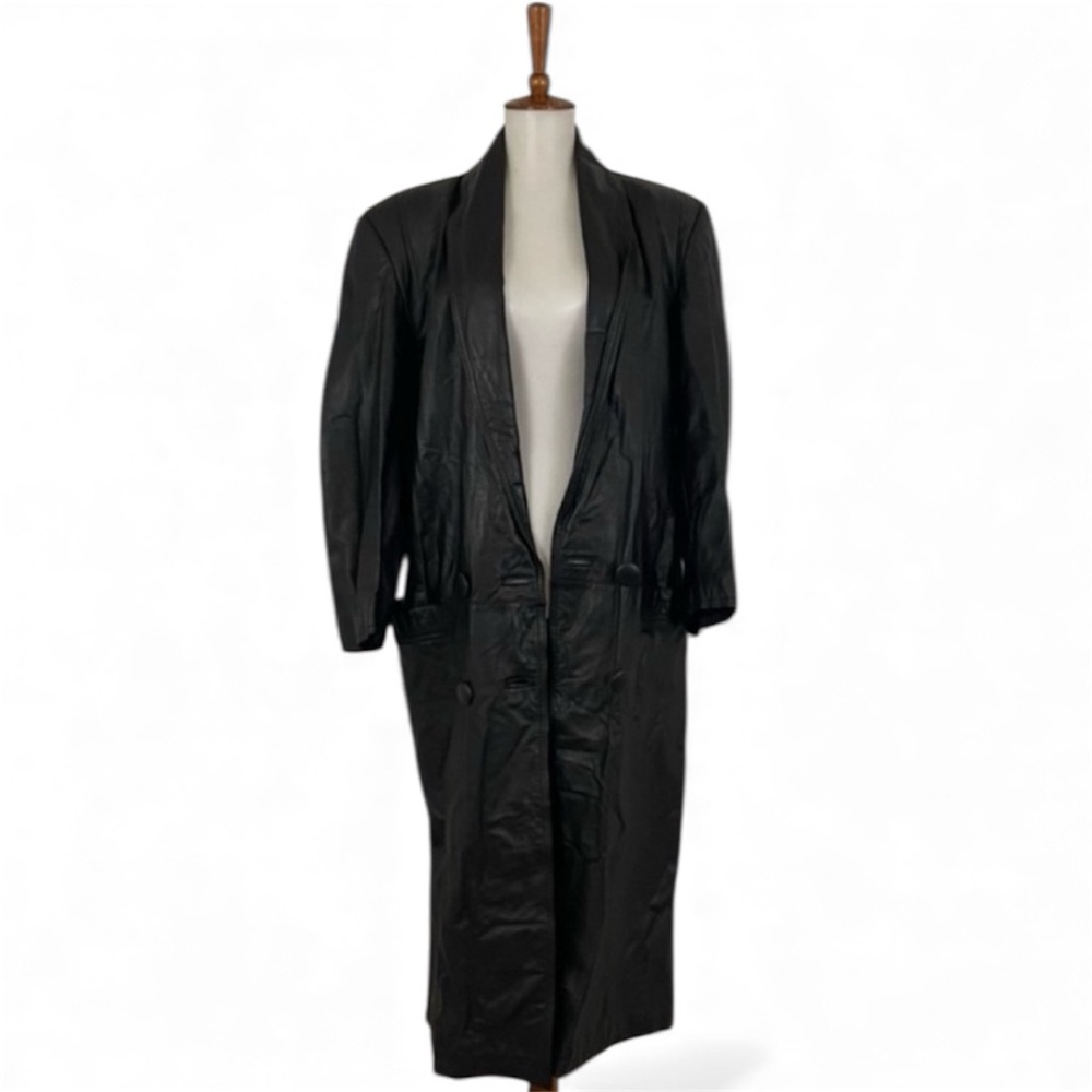 Vintage Leather Coat Women’s M Black V-Neck Long Trench Blazer Jacket Relaxed
